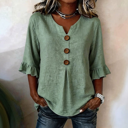 Fashionable Cotton Linen V-Neck Button-Up Blouse for Women Summer Casual Top