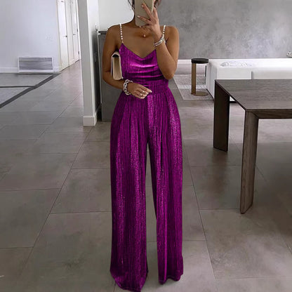 Spring Summer New Women's Fashion Wide Leg Pants, Fitted Waist, Elegant Strap Beaded Jumpsuit
