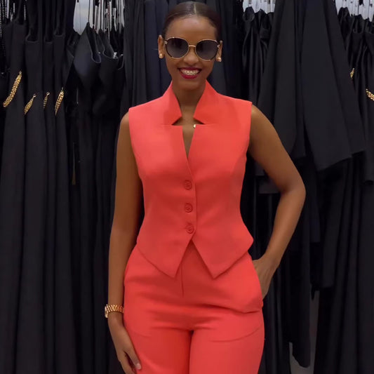 Sleeveless Plus Size Eye-Catching Wide-Leg Two-Piece Set Suit Combination Loose Orange Tangerine Red