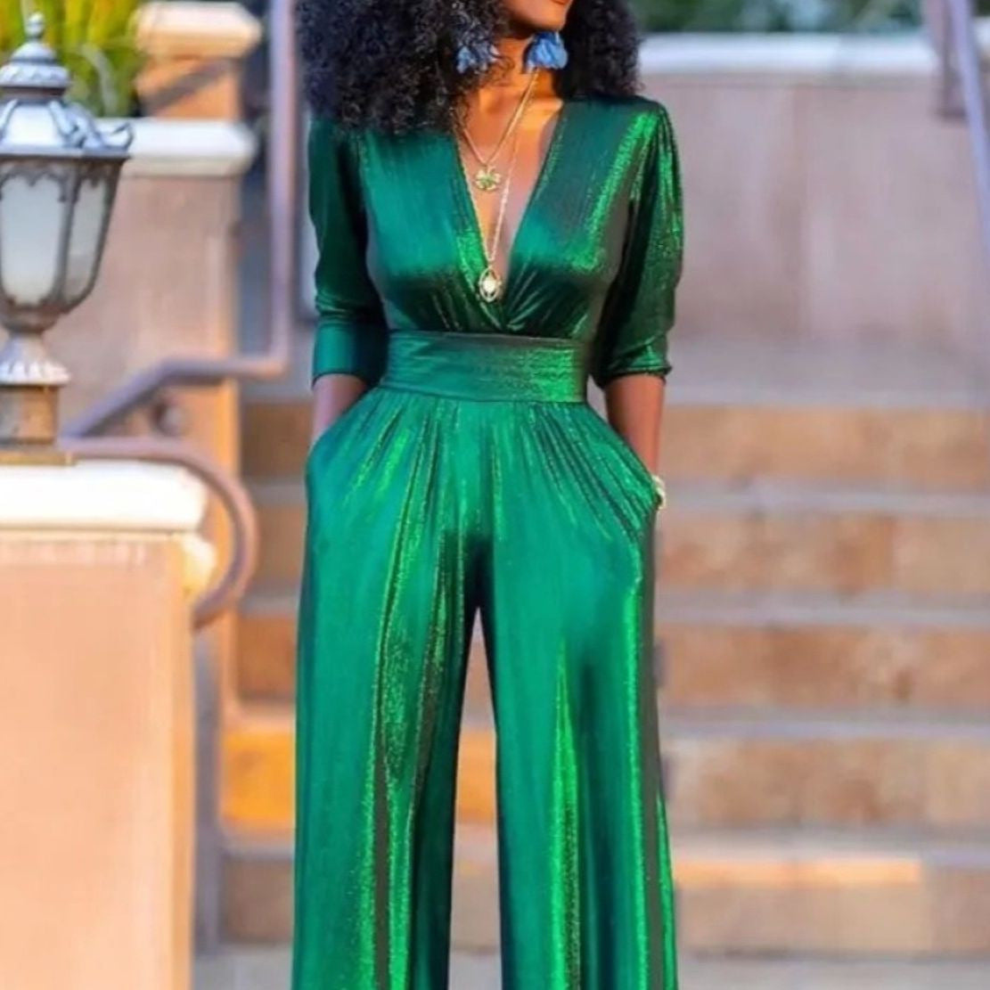 Women's autumn sexy V-neck hot stamping jumpsuit