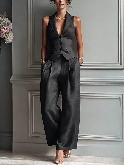 Flip collar single breasted vest long pants two-piece set