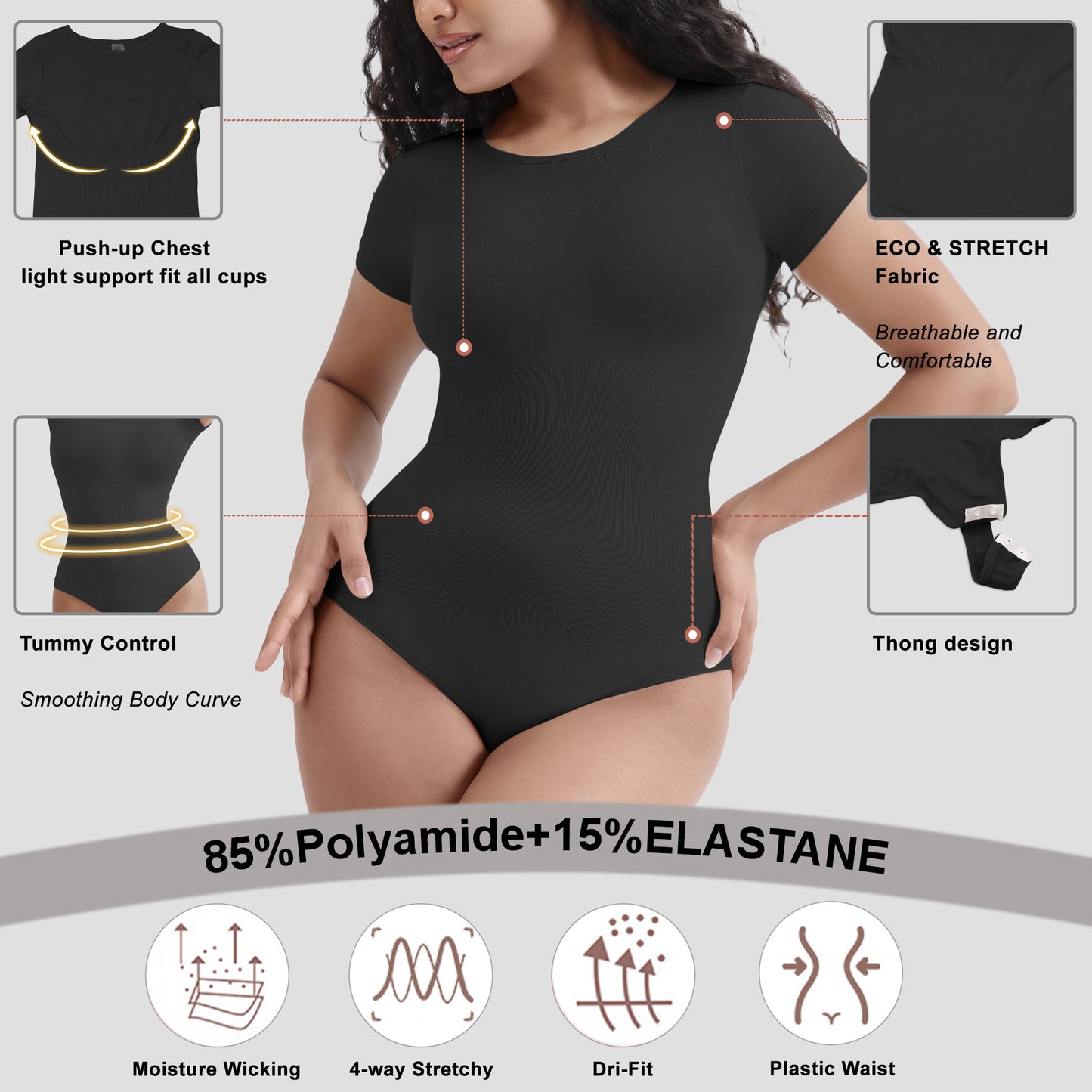 Body Compression Chest Shaper Seamless Solid Color Short Sleeve Jumpsuit