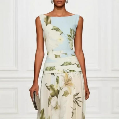 V-neck floral print women's dress sleeveless backless waist cinching long skirt