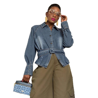 Slim Fit Ruffle Batwing Sleeve Washed Denim Shirt Jacket
