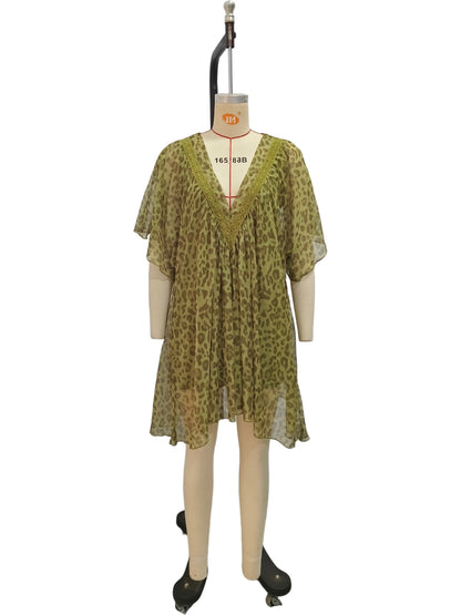 V-neck chiffon dress beach vacation cover shirt leopard print beach skirt
