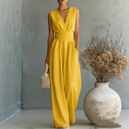 Sleeveless waist cinched V-neck women's jumpsuit