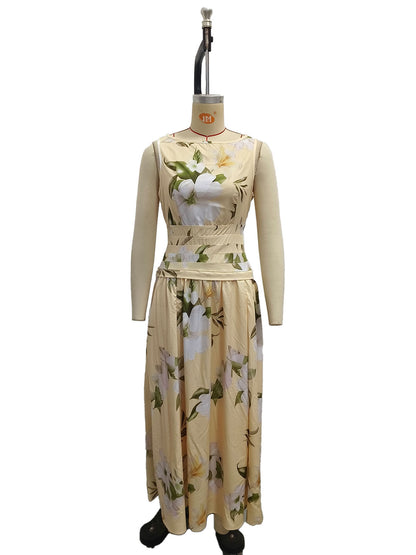 V-neck floral print women's dress sleeveless backless waist cinching long skirt