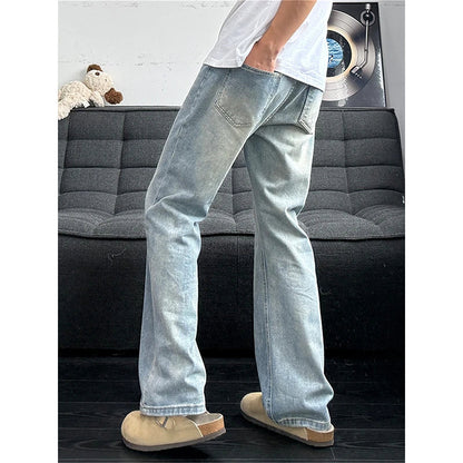 Vintage Blue Slash Denim Pants for Men Washed Straight Leg Slight Flare Jeans