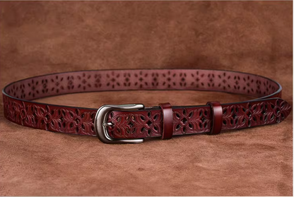 Hollow out belt, women's genuine leather needle buckle, cowhide wide belt, fashionable and versatile,